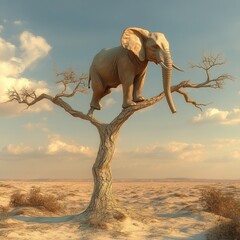 Surreal Elephant Balancing on Bare Tree Branch in Desert Landscape