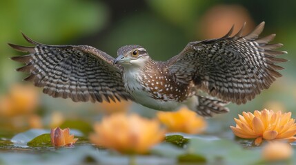 Fototapeta premium Stunning Hawk-Owl in Flight over Water Lilies
