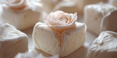 Delicate soft white marshmallows arranged beautifully with a single rose-shaped confection on top, creating an elegant sweet treat display.