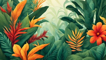 A vibrant tropical foliage illustration featuring various colorful plants and flowers.