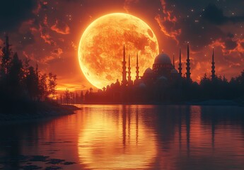 Radiant Full Moon Over a Lake Reflecting a Mosque at Twilight


