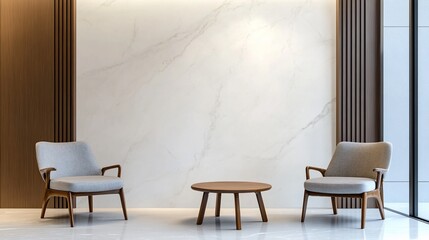 Modern lobby chairs, marble wall, city view