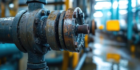 Obraz premium Rusty metal flange on a pipe with detailed textures, blurred industrial background featuring yellow and blue hues, showcasing a mechanical environment.