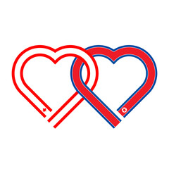 heart shaped ribbon of canada and north korea flags intertwined. vector illustration isolated on white background