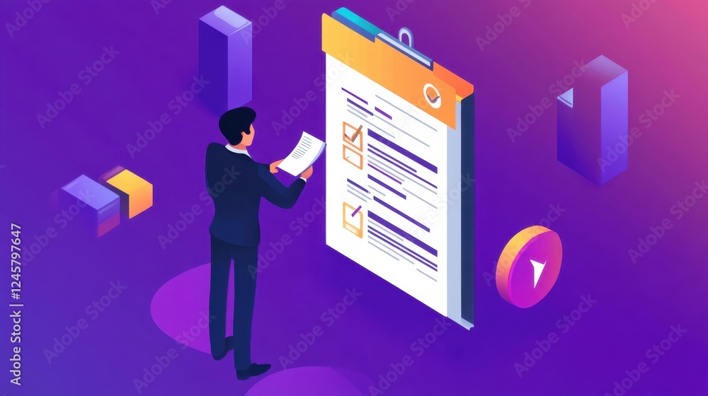 Poster modern businessman reviewing document with data visualizations
