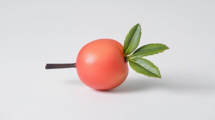 Single Pink Fruit With Green Leaves On White Background