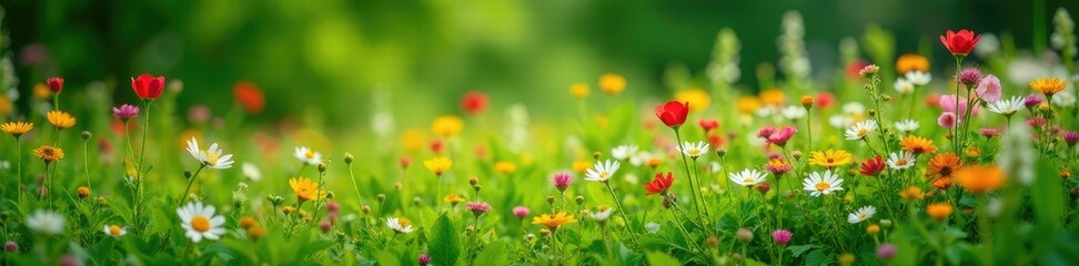 Fototapeta premium Abundant wildflowers blooming amidst lush green foliage, lush, flowers, meadow