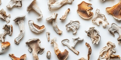 Assorted dehydrated mushrooms scattered on a light white background showcasing various textures and shapes in natural earthy tones
