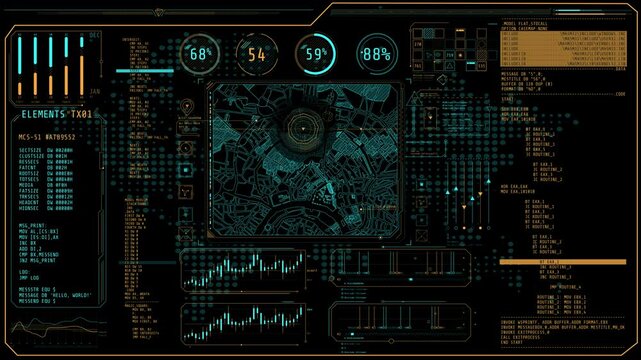 Animation of a high-tech screen with a map and program codes