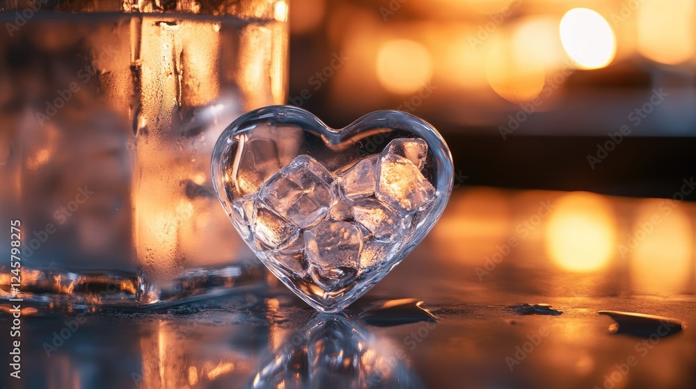 Poster a crystal-clear heart-shaped ice cube resting on a table next to a drink, with the ice and beverage 