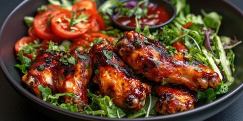 Grilled BBQ chicken wings garnished with fresh herbs served on a bed of mixed greens and sliced tomatoes with dipping sauce in a bowl