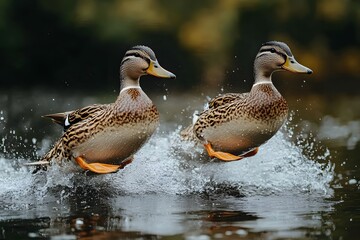 Obraz premium Dynamic Pair of Ducks Skimming Water Surface in Nature Scene