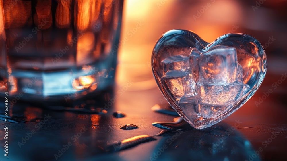 Poster A crystal-clear heart-shaped ice cube resting on a table next to a drink, with the ice and beverage captured in high detail, creating a refreshing and elegant scene.