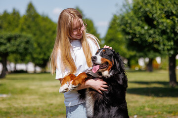 The owner is in the park playing fetch with their dog using a flying disc on a sunny day