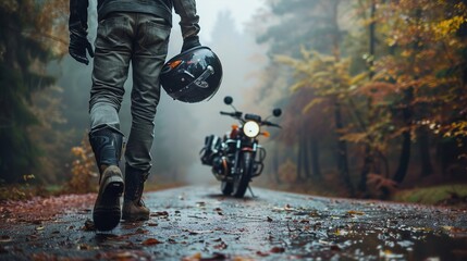 Biker walking towards motorcycle holding helmet, sunset ride, leather jacket, adventure road trip, motorcyclist silhouette, freedom on highway journey