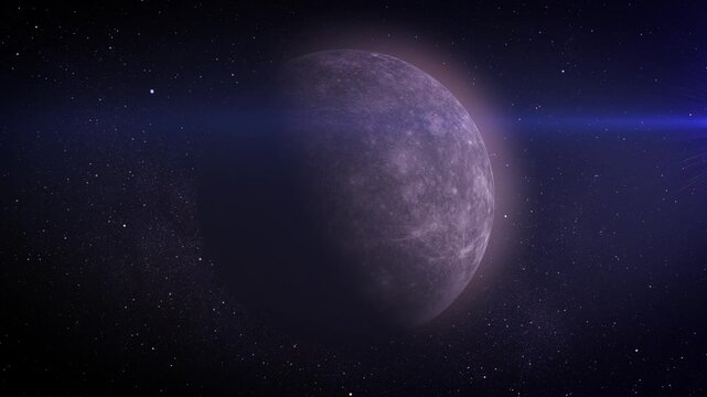 The rocky surface of Mercury.
Mercury, the innermost planet, showcases its rugged, cratered surface, framed by the infinite darkness of space and twinkling stars.
