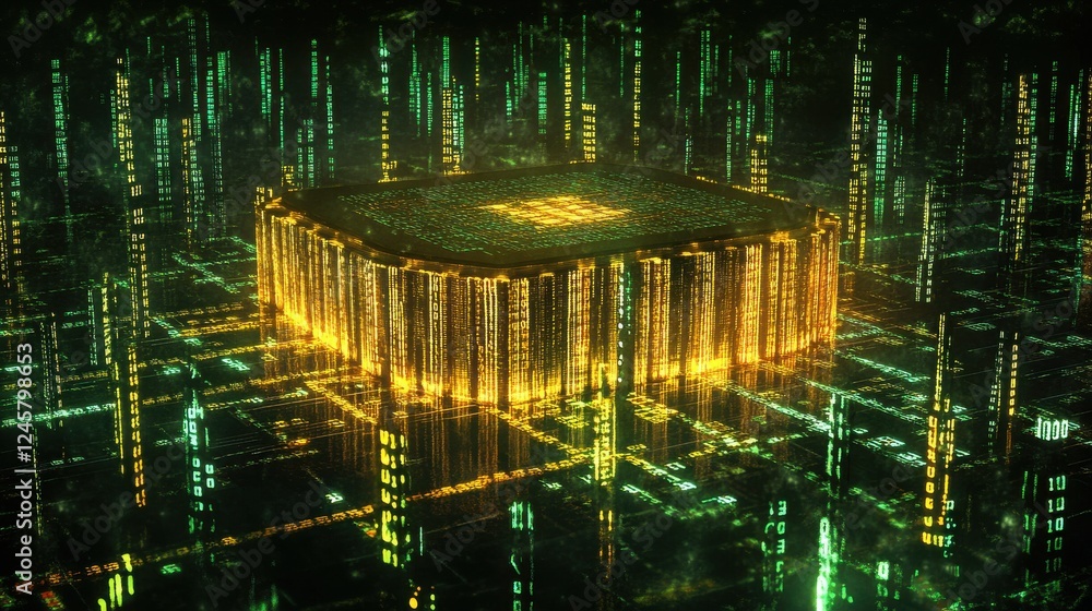 Poster futuristic data center surrounded by virtual binary landscape