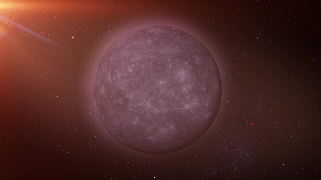 The rocky surface of Mercury.
Mercury, the innermost planet, showcases its rugged, cratered surface, framed by the infinite darkness of space and twinkling stars.
