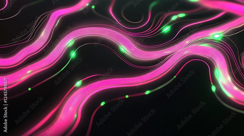 Poster a minimalistic yet vibrant 2d abstract design with glowing pink and green circuitry, forming sleek p