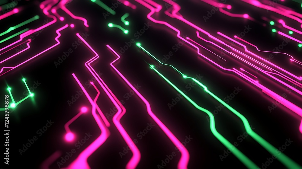 Poster a minimalistic yet vibrant 2d abstract design with glowing pink and green circuitry, forming sleek p