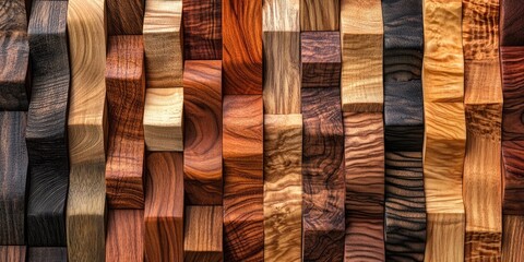 Colorful mosaic of various wood blocks arranged in a grid pattern with rich browns, deep reds, and subtle blacks showcasing natural textures and grains.