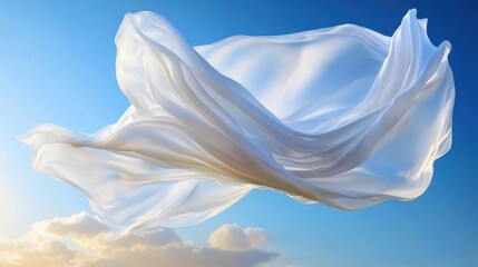 White fabric floats in blue sky.