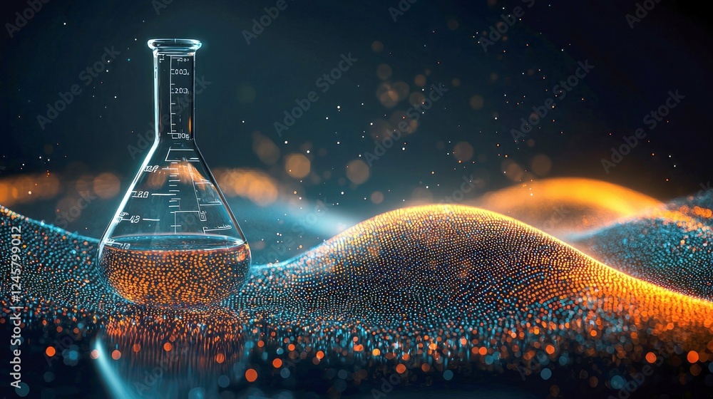 Poster illuminating scientific discovery: abstract visualization of a glowing flask on a particle wave