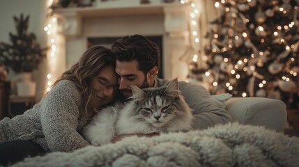 Relaxed Cat Lounging on Cozy Blanket with Couple 