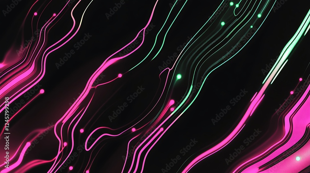 Poster a minimalistic yet vibrant 2d abstract design with glowing pink and green circuitry, forming sleek p