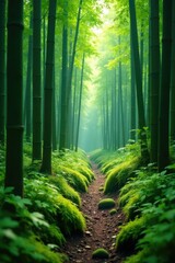 Fototapeta premium Bamboo forest floor covered in moss and ferns, ferns, greenery, moss