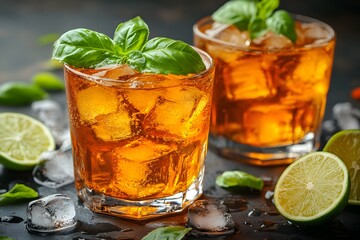 Refreshing Citrus Summer Drink with Fresh Basil and Ice Cubes for Seasonal Parties