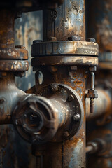 Close-Up Shot of a Weathered Industrial Pipe with Complex Connectors Highlighting Mechanical Precision