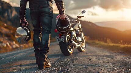 Naklejka premium Biker walking towards motorcycle holding helmet, sunset ride, leather jacket, adventure road trip, motorcyclist silhouette, freedom on highway journey