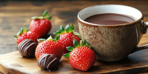 Close up of a rustic cup filled with dark chocolate beside fresh strawberries and chocolate dipped strawberries on a wooden table.