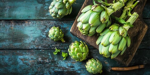 Rustic presentation of fresh green artichokes on a dark wooden table with vibrant hues of green and natural textures highlighting culinary themes