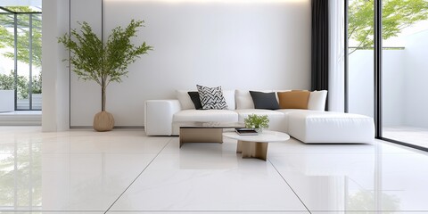 Modern white living room with sectional sofa, plants, and large windows