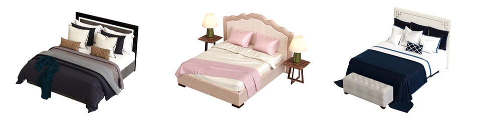 double bed isolated on a transparent background, furniture for the bedroom interior, 3D illustration, cg render