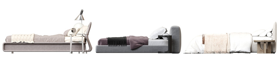 double bed isolated on a transparent background, furniture for the bedroom interior, 3D illustration, cg render