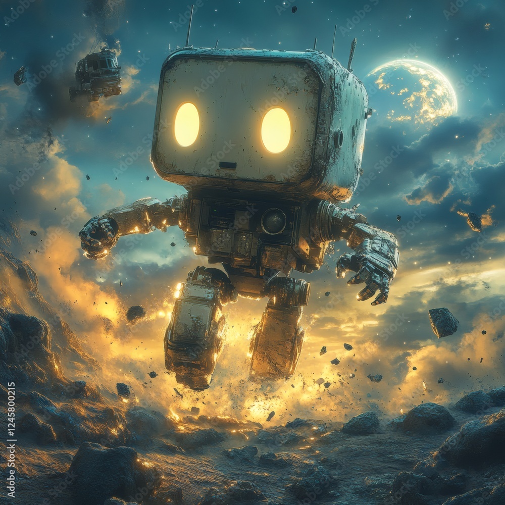 Poster robot expressive screen eyes and square shape sprinting through rugged lunar craters with harsh moon