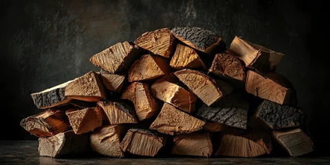 Selbstklebende Fototapeten Stacked firewood logs showcasing rich textures in warm browns and deep blacks against a dark background ideal for natural composition highlights. © ShStock