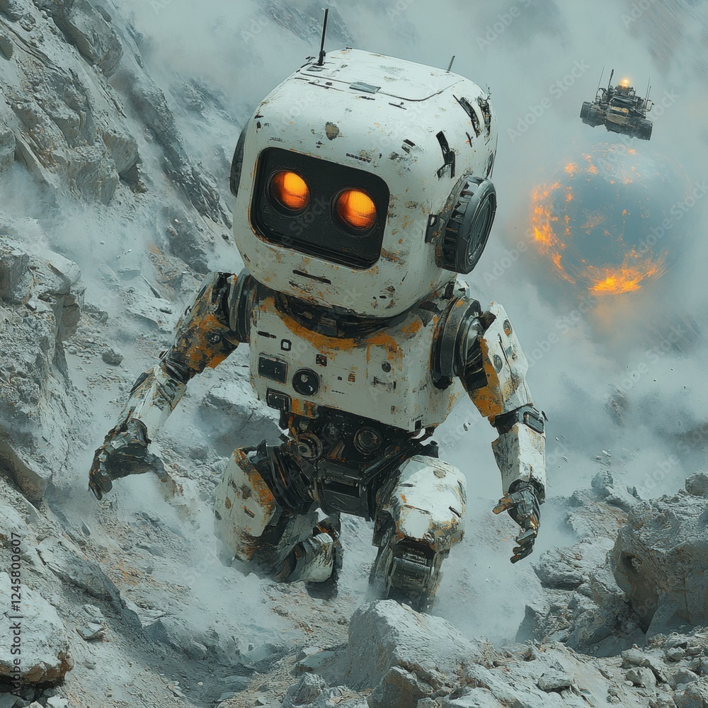Aufkleber robot expressive screen eyes and square shape sprinting through rugged lunar craters with harsh moon