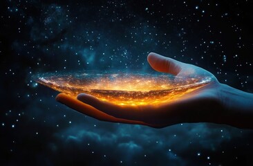 Hand Holding Cosmic Plate with Galaxies in Starry Night Sky