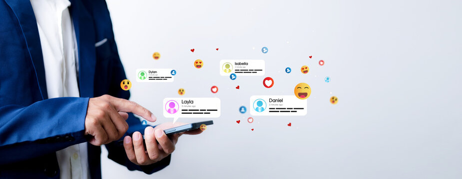 Social media and digital online concept, man using smart phone with Social media. online marketing, technology, chat, post, like, follow at phone screen.