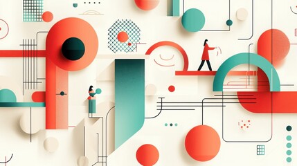 Obraz premium Abstract Digital World with Colorful Shapes and Lines Featuring Symbols and Figures