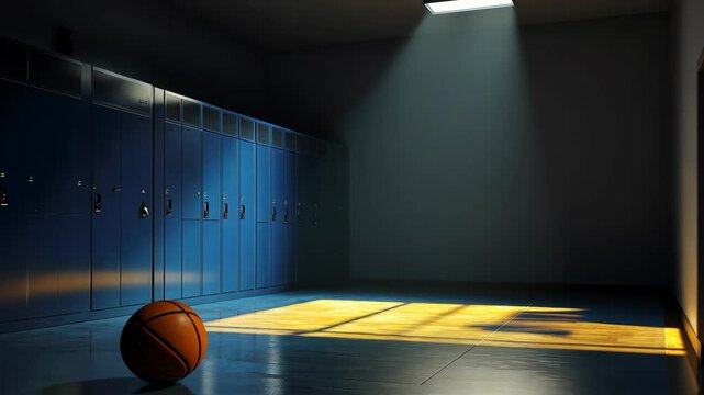 Basketball rolling in high school locker room illuminated by sunlight