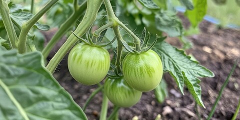 Fototapeta premium Cluster of green tomatoes on vine with vibrant green leaves in a garden setting, showcasing organic growth in natural lighting.