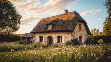 Charming stone cottage with thatched roof, surrounded by wildflowers at sunset.