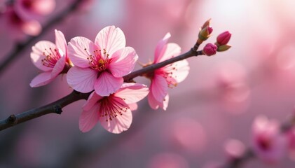 Obraz premium Delicate pink petals dangle from bare branches, branch, higan, spring