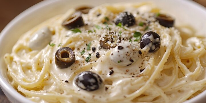 Creamy spaghetti carbonara with black olives and grated cheese topped with black pepper and fresh herbs in a white bowl on wooden table
