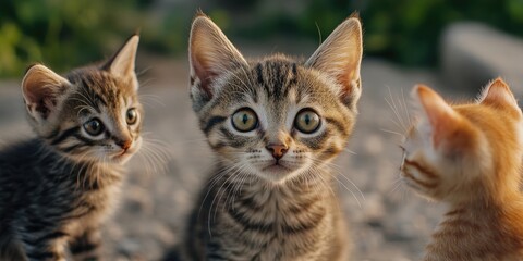 Close-up portrait of a curious tabby kitten with large green eyes centered, two playful kittens beside, soft natural background in warm tones.